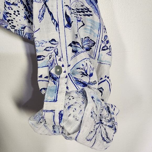 C & C California Linen Shirt Palm Trees Flamingo XL Blue White Coastal Resort - Picture 6 of 11